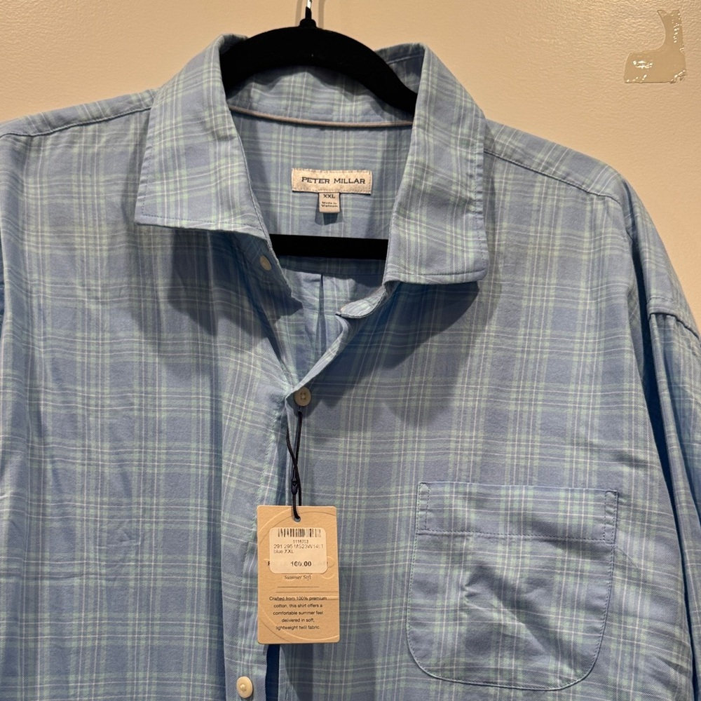 New! Peter Millar Blue Plaid Summer Soft Button-Down long sleeve Shirt